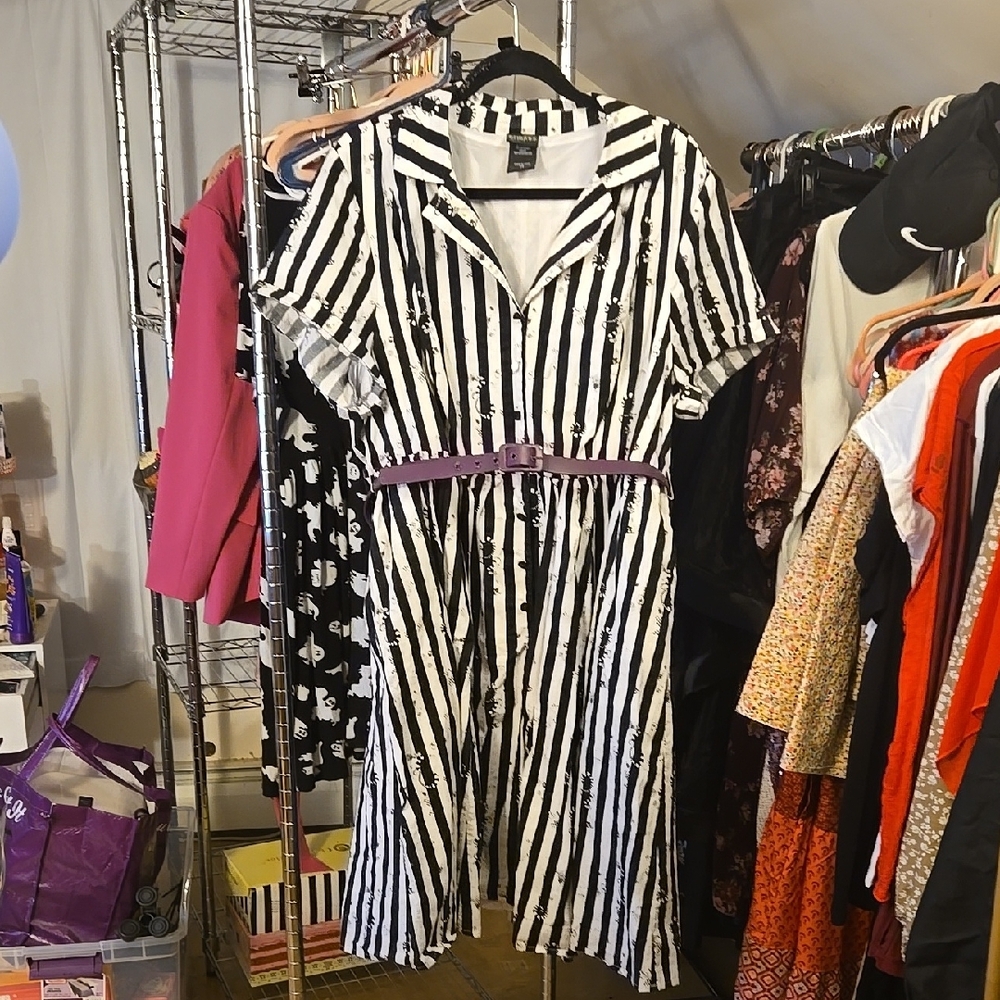 Beetlejuice Black and White Striped Dress with Purple Belt plus size Halloween